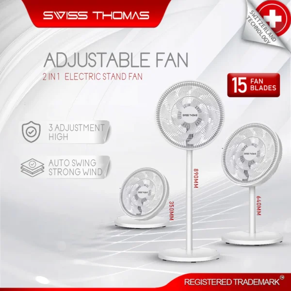 【Swiss Thomas】15片扇葉強力2合1電風扇，可調立扇桌扇，強風冷氣風力 🌬️